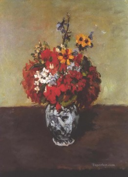 Dahlias In A Delft Vase Paul Cezanne Impressionism Flowers Oil Paintings